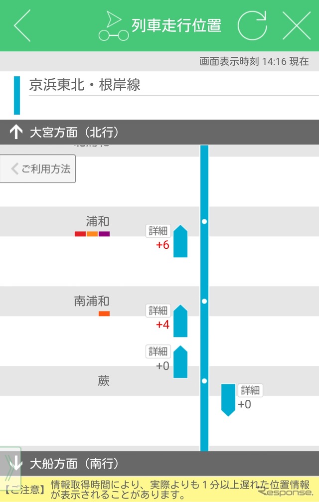 「JR東日本アプリ」のコンテンツ「列車走行位置」の画面。12月21日から京葉線の東京～蘇我間なども列車の走行位置を確認できるようになる。画像は京浜東北線。