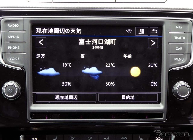 今いる場所や目的地の最新の天気を知ることができ、気温や風の状態、向こう3日間の天気予報も表示