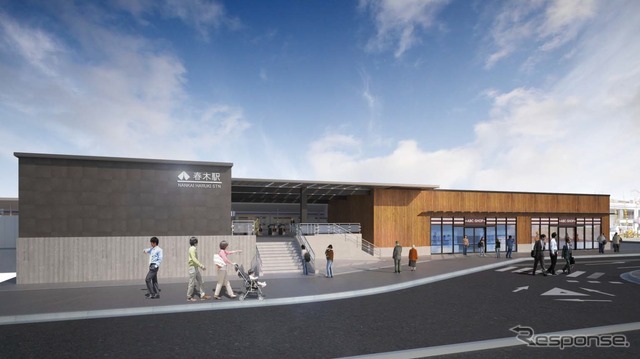 春木駅(西駅舎)の完成イメージ。1月14日から使用を開始するのは改札口付近(左)のみで、商業施設(右)などの工事が終了するのは2018年3月末になる予定だ。