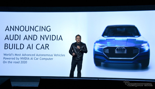 CES 2017でスピーチするNVIDIAの共同創設者で社長兼CEOのジェンスン・フアン氏。　(c) Getty Images