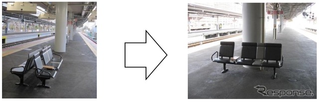 ホームベンチの変更前(左)と変更後(右)のイメージ。北陸本線では1月25~30日に4駅のベンチの向きを変える。