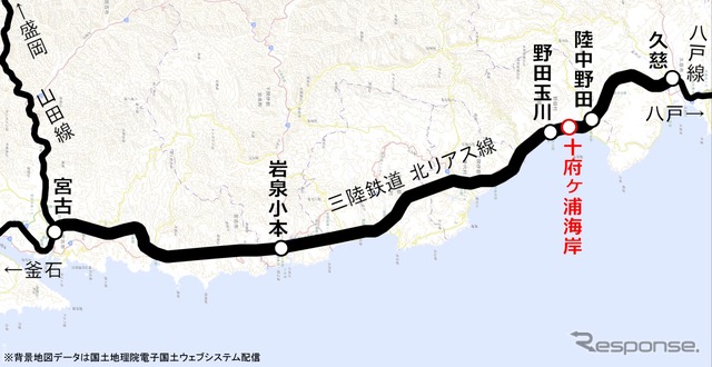 3月25日に開業する十府ヶ浦海岸駅の位置(赤)。北リアス線の野田玉川~陸中野田間に設けられる。