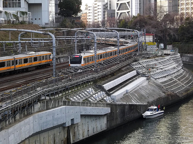 御茶ノ水橋から新宿方。断崖に耐震補強が見える