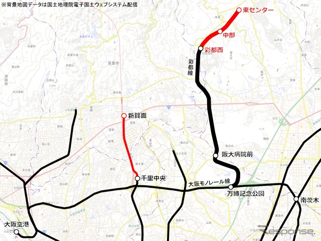 大阪府北部の主な鉄道計画（赤）。府は彩都線彩都西～東センター間の延伸計画を中止する方針を決めた。