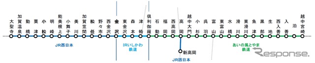 4月15日からの「石川・富山ICOCAエリア」。既にICOCAが導入されているあいの風とやま鉄道線を含め、エリア内であれば運営会社の境界に関係なくICカードを利用できるようになる。