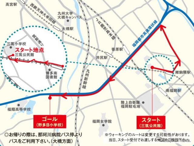 ウオーキングイベントのルート。雑餉隈駅付近に設けられた仮線を約300m歩く。