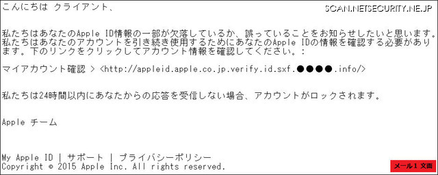 確認されたフィッシングメール（文面1）