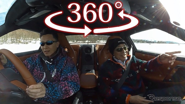 氷上でGT-Rをドライブする桂伸一氏(左)と加藤博義氏(右)