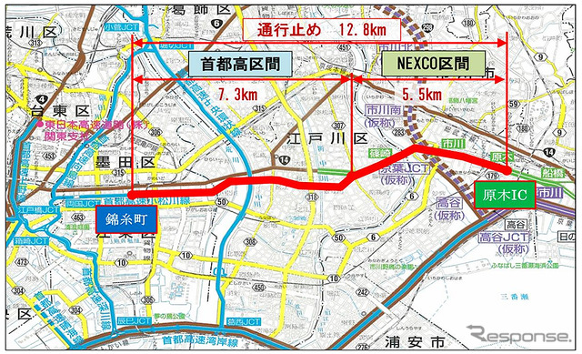 夜間通行止め区間(錦糸町ランプ~原木IC間)