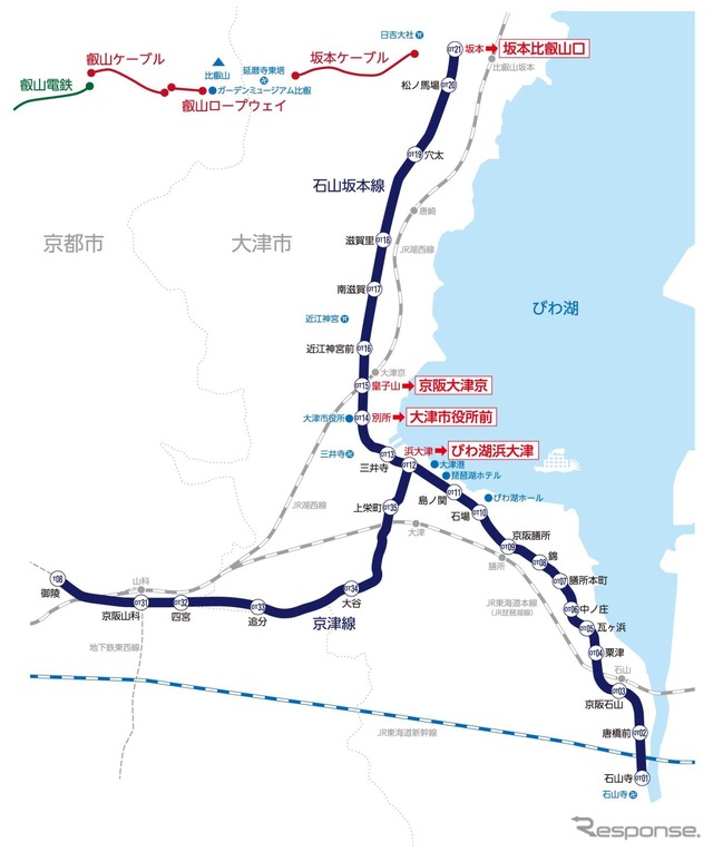 大津線の路線図。4駅の駅名が変わる。