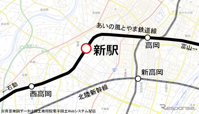 新駅（高岡やぶなみ駅）の位置。西高岡～高岡間に設置される。