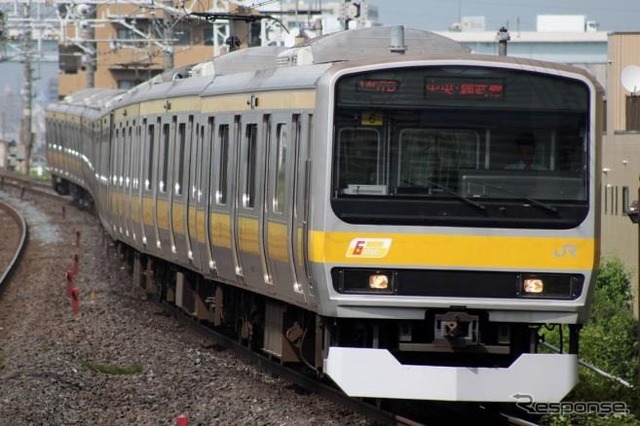 中央・総武線の各駅停車で使用されている電車のイメージ。600両のうち6ドア車のわずか1両だけ「菜の花色の吊手」が装備される。