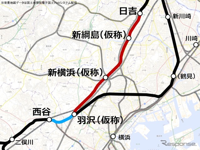 神奈川東部方面線を構成する相鉄・JR直通線（青）と相鉄・東急直通線（赤）。相鉄・JR直通線は2019年度下期、相鉄・東急直通線は2022年度下期に開業する予定だ。