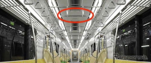 防犯カメラの設置範囲(赤)。車両の種類によって変わる場合もあるが、基本的には天井に設置される。