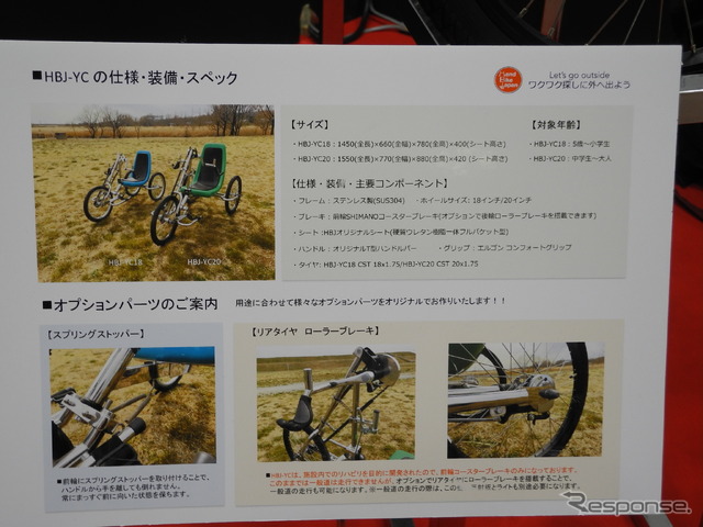 宇賀神溶接工業所のブースに飾ってあった手こぎ3輪自転車についてのパネル