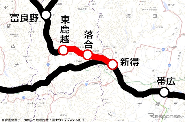 運休中の根室線東鹿越～新得間。現在は東鹿越～落合間のみ代行バスが運行されているが、3月28日から落合～新得間でも運行される。