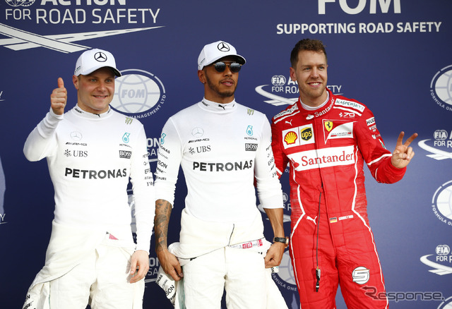 F1オーストラリアGP、予選終了。向かって左からボッタス、ハミルトン、ベッテル。