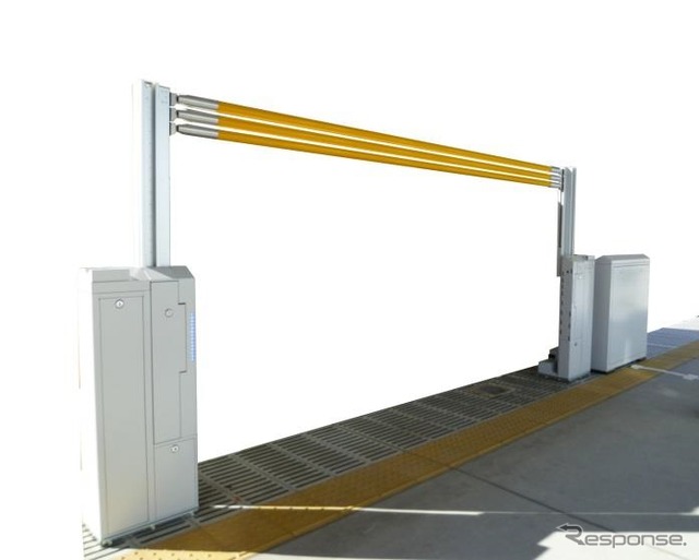 昇降バー式ホーム柵のイメージ（開いた状態）。夏頃から愛甲石田駅で実証実験が行われる。