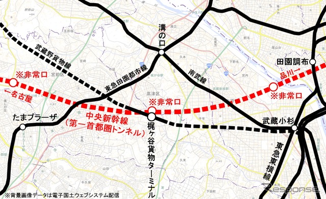 梶ヶ谷非常口の位置。梶ヶ谷貨物ターミナル駅の北側に設けられる。