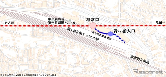 梶ヶ谷非常口の南東側には保守車両の留置施設と資材搬入口が整備される。