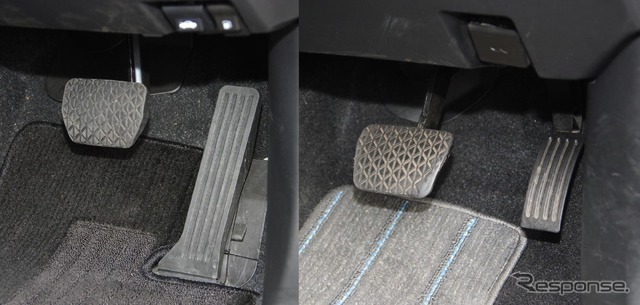 オルガン式アクセルペダルを採用する最新マツダ車(左)と、吊り下げ式の旧世代車(右)