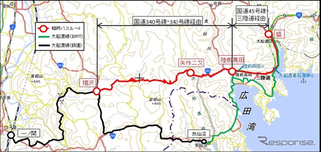 ゴールデンウィーク限定で運行される盛~摺沢間臨時バスのルート。BRTと大船渡線の乗継ぎルートより北側に大きくショートカットする。