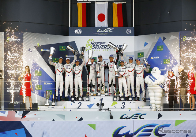 開幕戦シルバーストン、LMP1上位3台の表彰式。