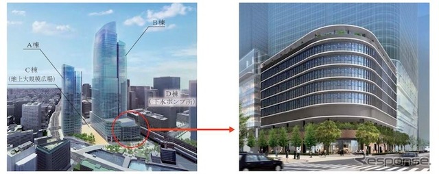 常盤橋再開発プロジェクト、全体外観完成イメージ(左図)と今回着工するD棟(右図)