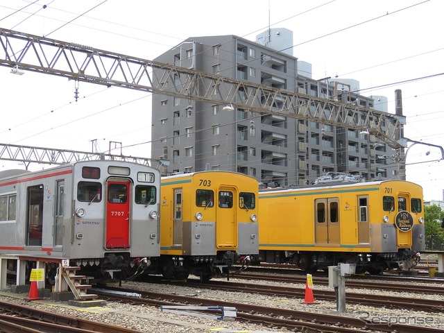 厚木操車場の留置線で並ぶ7000系（左）と、なかなか見ることができない事業用車のモヤ700系（中央・右）。運転体験ではモヤ700系が使われた。