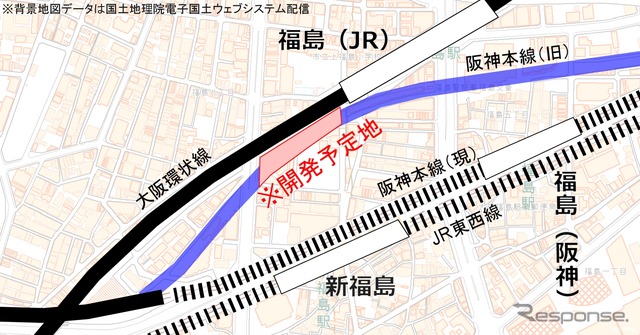 複合ビルの開発予定地。土地の大半は阪神本線の地上線跡地になる。