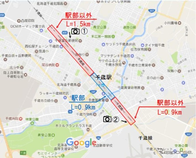 千歳駅は1980年に高架化されている。その前後、延べ2.4km部分の高架橋で補強工事が行なわれる。