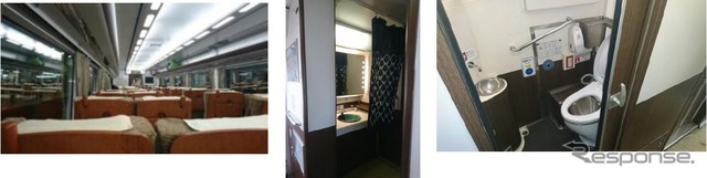 2号車HOT7030形の更新内容。写真左が座席、写真右がトイレ。洗面台(写真中)には因州中井窯の手洗い鉢とちずぶるーの藍染カーテンを備える。
