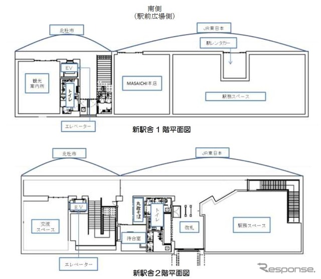 新駅舎南側(駅前広場側)の平面図。延床面積はおよそ3分の2がJR東日本、3分の1が北杜市が占める。1・2階に駅務スペースを備え、観光案内所が1階に、交流スペースが2階にそれぞれ設置される。