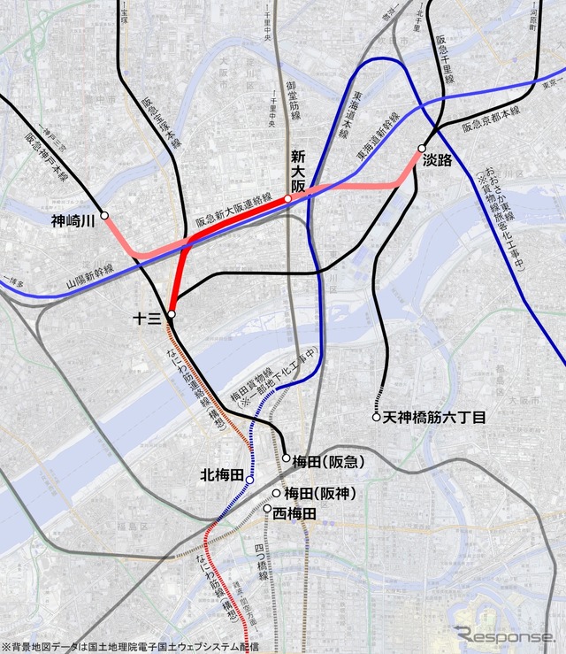 新大阪連絡線のルート（赤）。淡路～新大阪間と新大阪～神崎川間の計画は中止された。