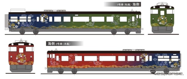 新しい観光列車『○○のはなし』で使われる車両の外観イメージ。キハ47形2両を改造する。