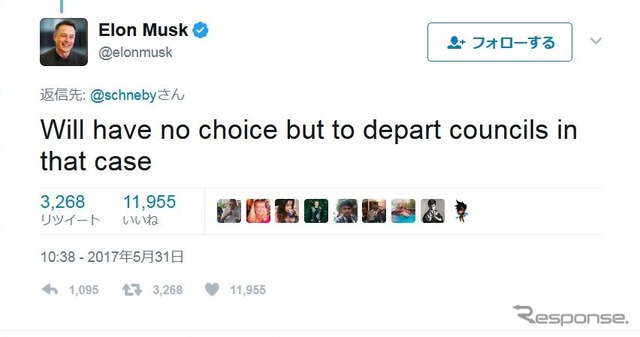 トランプ政権の助言機関からの辞任を示唆するツイートを行ったテスラのイーロン・マスクCEO