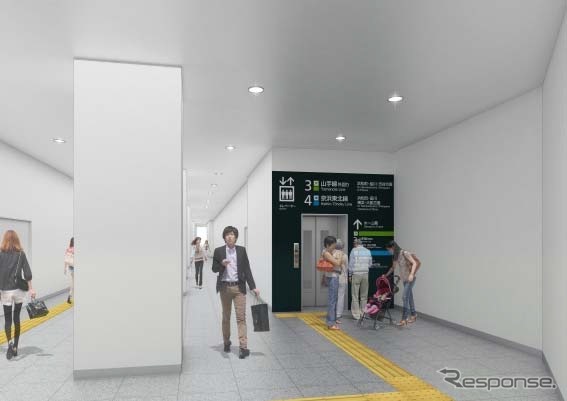 有楽町駅の国際フォーラム口と中央口を結ぶ改札内通路のイメージ。