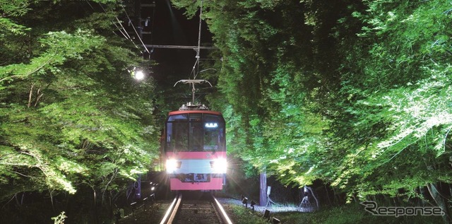 ライトアップされた「もみじのトンネル」を走る叡山電鉄の電車。