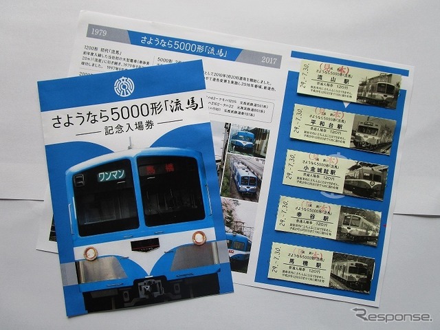「流馬」さよなら運行記念の入場券セット。D型硬券入場券5枚が台紙にセットされており、1000セット限定で発売。通信販売も受け付ける。