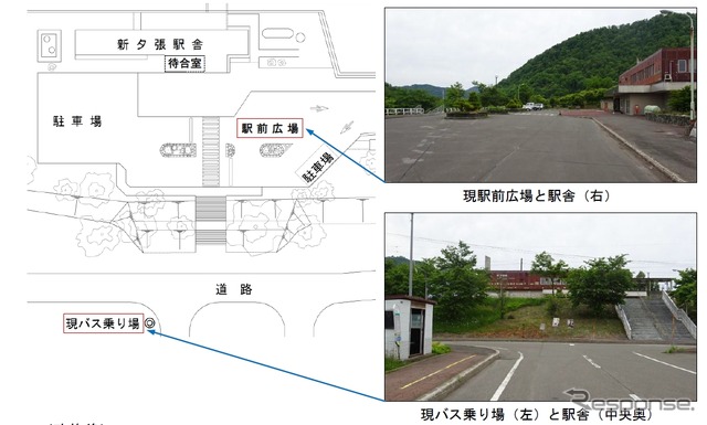 現在の駅前広場は大型バスが回転できず、バス乗り場は駅前広場から離れた場所に設置されている。