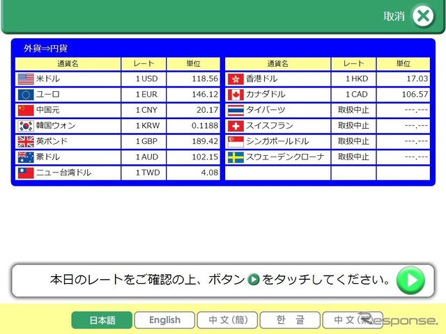 外貨自動両替機の画面イメージ。