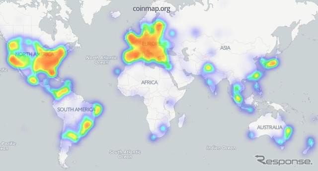 ビットコイン決済対応店舗の分布図