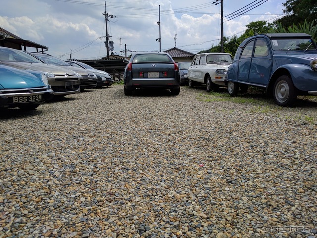 敷地内の砂利石は宇治あたりから持ち込まれた京都ものだそうだ。夏の日差しと相まって南ヨーロッパの雰囲気すら感じさせる。シトロエンの修理佐衛門はオートモビルカウンシルの準備の真っ只中（シトロエンのスペシャルショップアウトニーズを訪ねる）