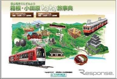 「登山電車でたずねよう　箱根・小田原トコトコ旅事典」のトップ画面。「テーマからたずねる」を選択すると「学習テーマ」メニューからそれぞれのテーマを閲覧でき、鉄道の歴史や役割などを調べることができる。「路線図からたずねる」を選択すると、各駅から徒歩圏にある自然や文化財、歴史的建造物などを調べることができる。