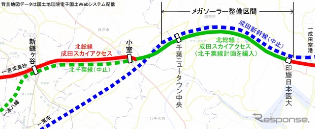 メガソーラーの整備範囲。成田新幹線の旧建設用地に太陽光パネルが設置された。
