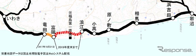 常磐線いわき～岩沼間の路線図。竜田～富岡間が再開すると、残る不通区間は原発事故の影響が大きい富岡～浪江間だけになる。