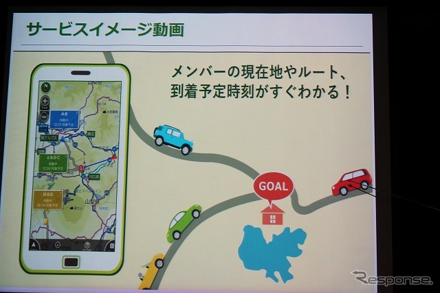 地図画面上に招待したメンバーの現在位置が表示されるため、電話やメールで確認する手間が省ける(安全に確認できる)のが最大の特長。