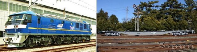 京都鉄道博物館で8月に展示されるEF210形300番台（左）とコキ107形（右）。初日は展示引込線への入線も公開される。
