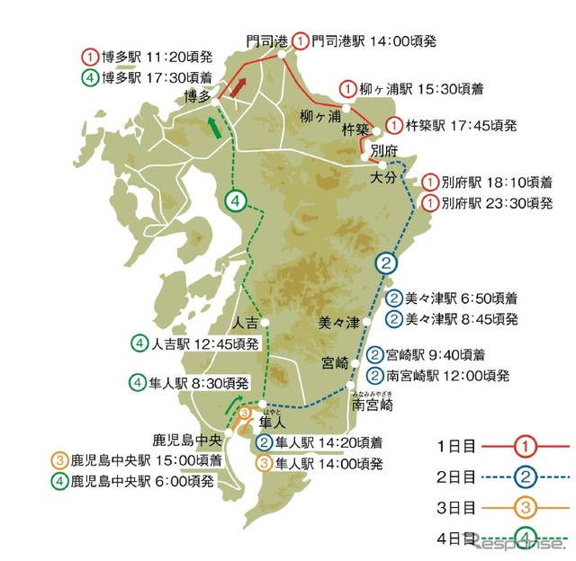 ルート変更後の3泊4日コース。久大本線内の由布院も立ち寄らなくなる。