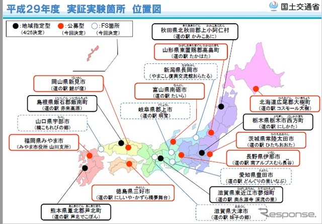 中山間地域における道の駅などを拠点とした自動運転サービスの2017年度に実施する公募型の実験地域